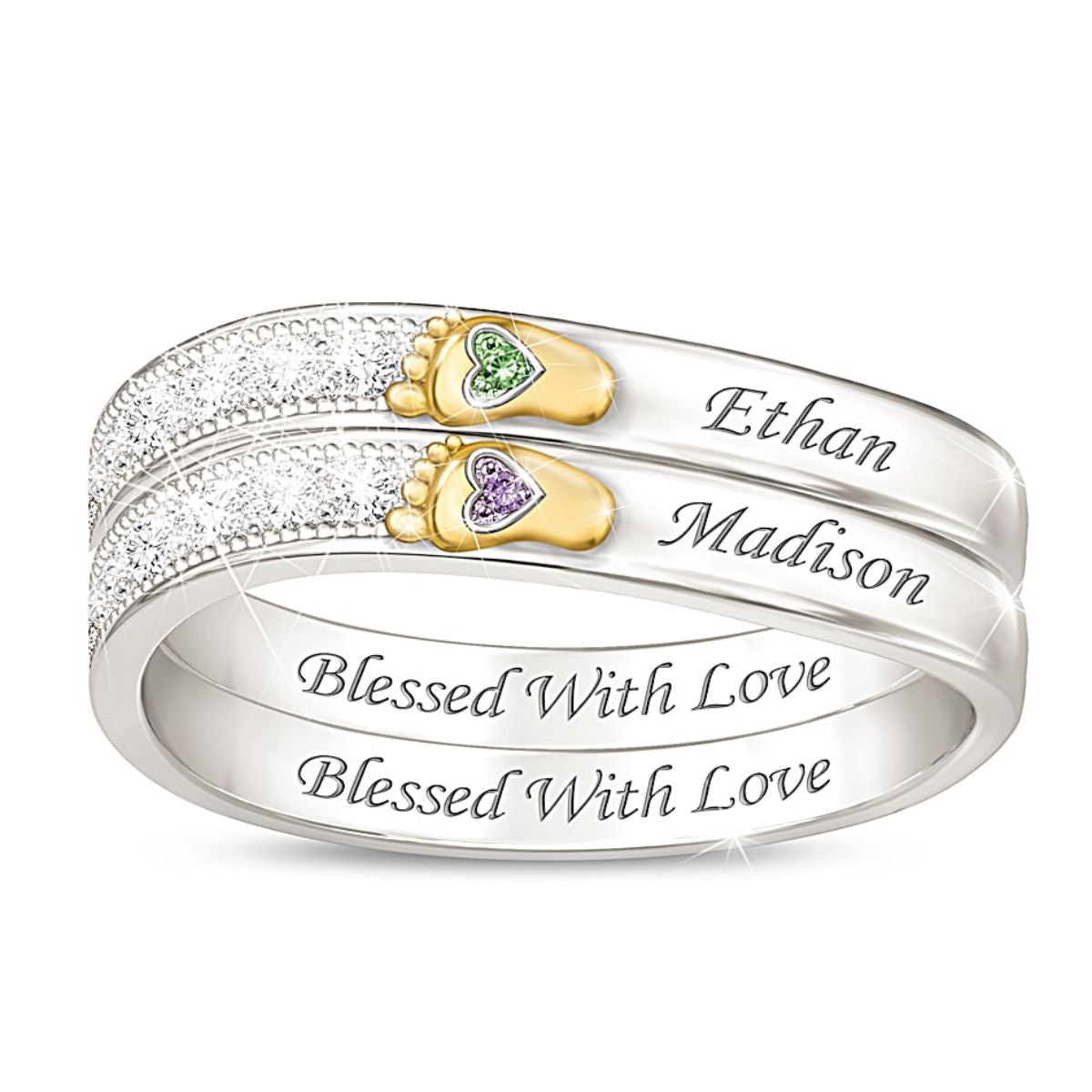 Personalized Name and Birthstone Family Footprint Ring