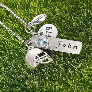 Personalized Birthstone Football Helmet Necklace with Engraved Name and Number Gift for Sports Lover