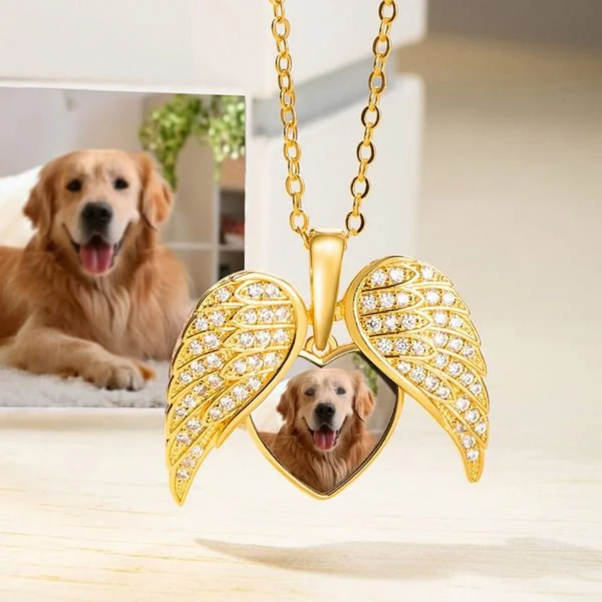 Personalized Heart Shaped Angel Wings Photo Memorial Necklace