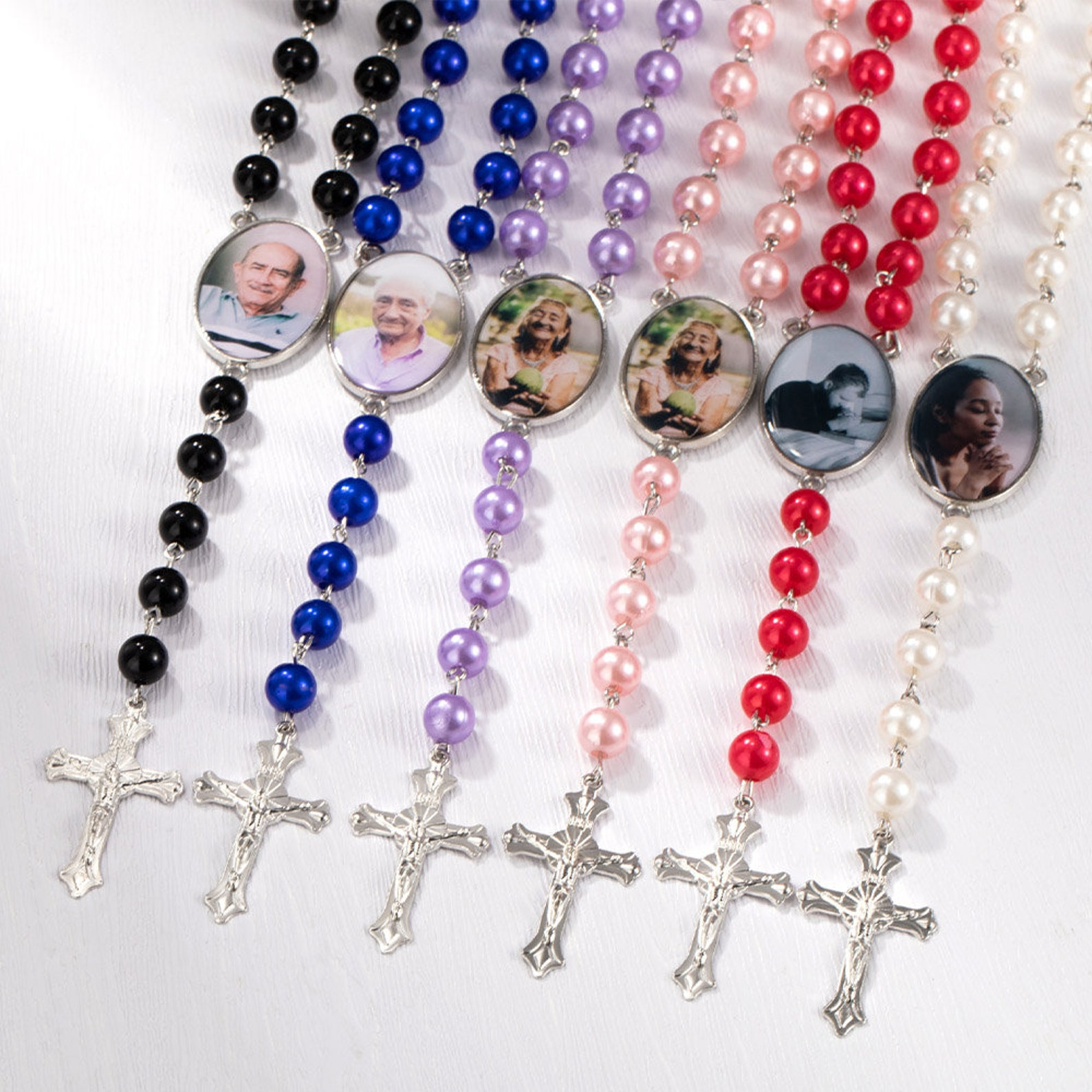 Custom Rosary Beads Cross Multi-Personalized Necklace With Photo Memorable Gift For Women