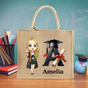 Personalized Graduation Cartoon Bachelor Hat Initial Jute Tote Bag