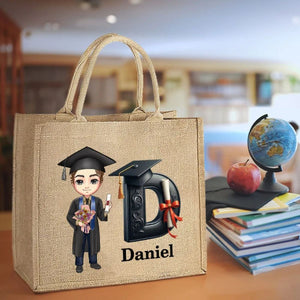 Personalized Graduation Cartoon Bachelor Hat Initial Jute Tote Bag