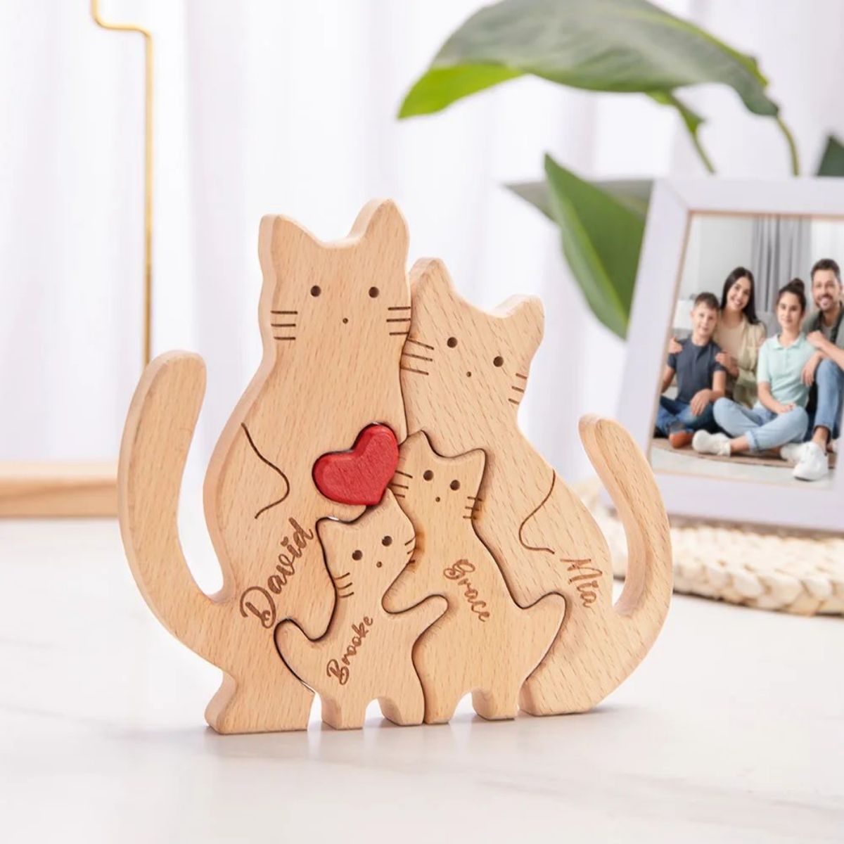 Personalized Wooden Cute Love Hug Cat Family Puzzle