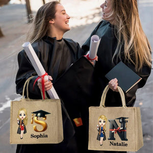 Personalized Graduation Cartoon Bachelor Hat Initial Jute Tote Bag