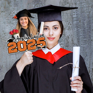 Glitter 2025 Photo Graduation Face Fans With Wooden Handle, Gift For Graduation Party