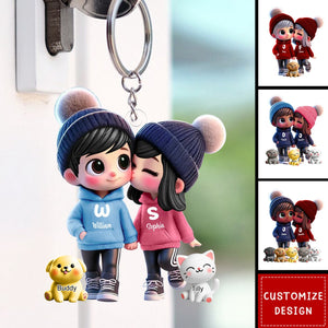 Cute Cartoon Couple You Me And The Dog Cat Personalized Keychain, Gift For Him, Her