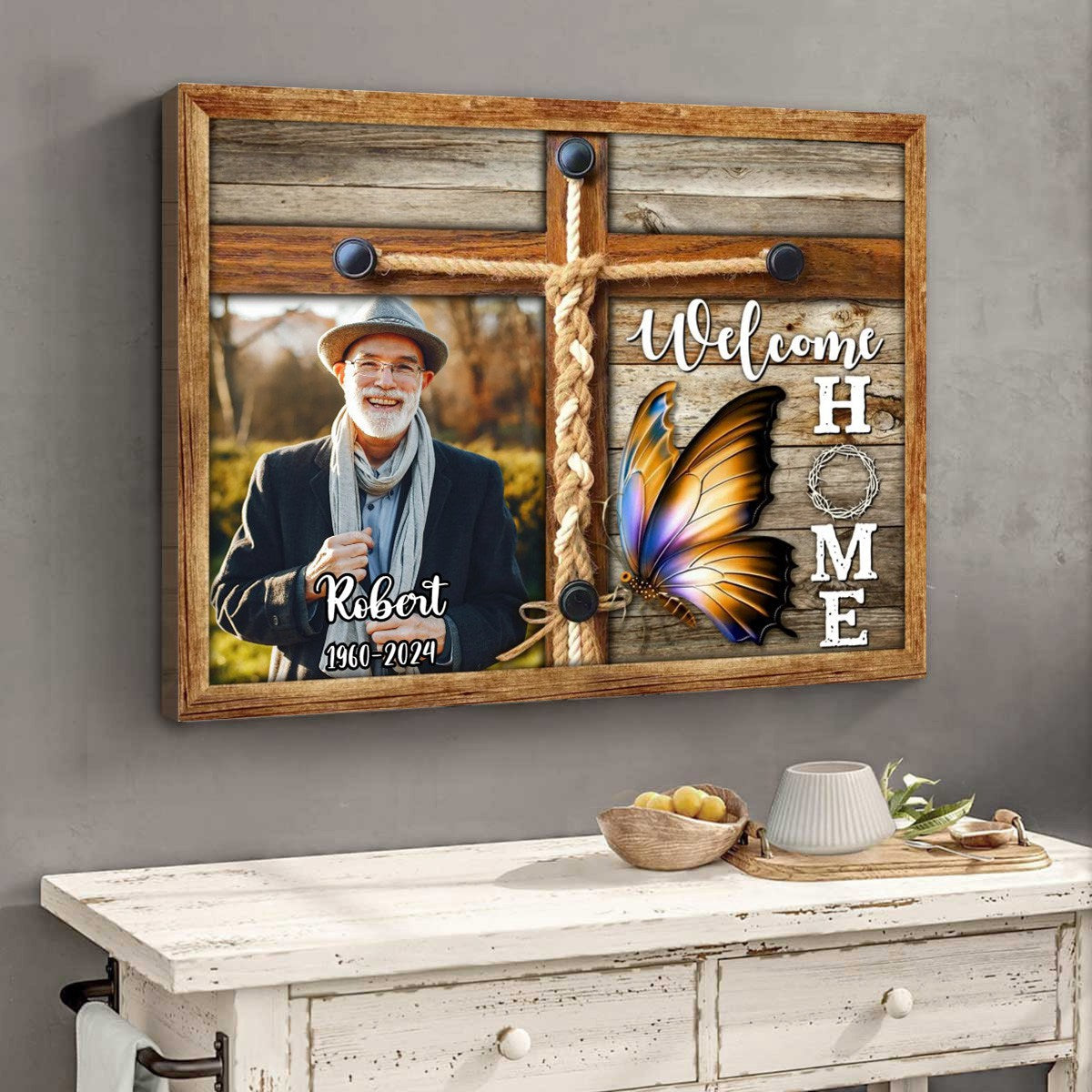 Personalized Memorial Photo Welcome Home Butterfly Cross Canvas Poster