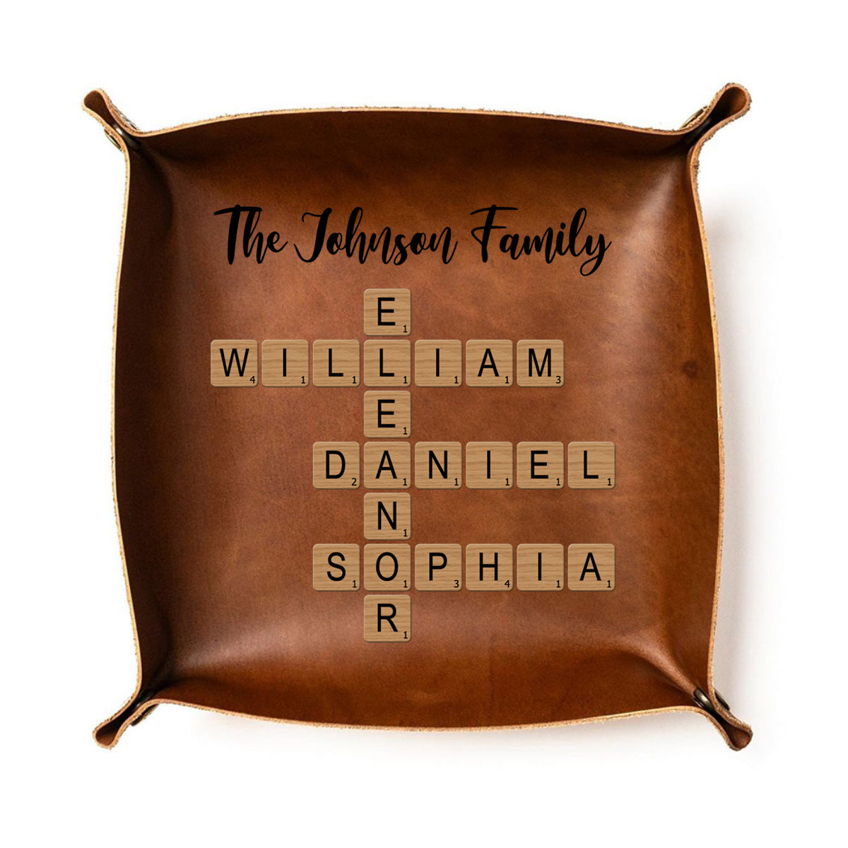 Personalized Family Crossword Puzzle Leather Valet Tray