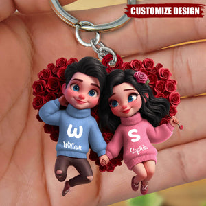 Cute Cartoon Couple Hand In Hand Personalized Car Keychain, Gift for him, her