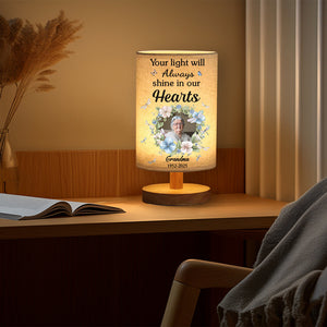 Your Light Will Always Shine In Our Hearts - Personalized Memorial Tableside Lamp With Wood Base