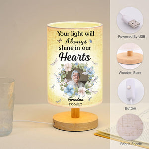 Your Light Will Always Shine In Our Hearts - Personalized Memorial Tableside Lamp With Wood Base