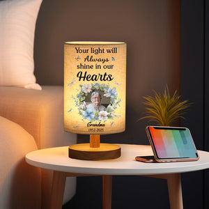 Your Light Will Always Shine In Our Hearts - Personalized Memorial Tableside Lamp With Wood Base