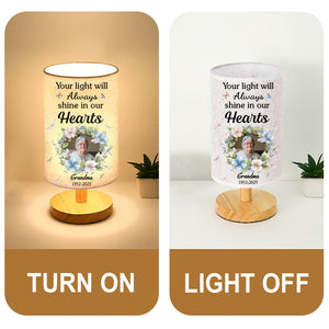 Your Light Will Always Shine In Our Hearts - Personalized Memorial Tableside Lamp With Wood Base