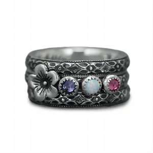 Personalized Multi Birthstone Flower Ring Set