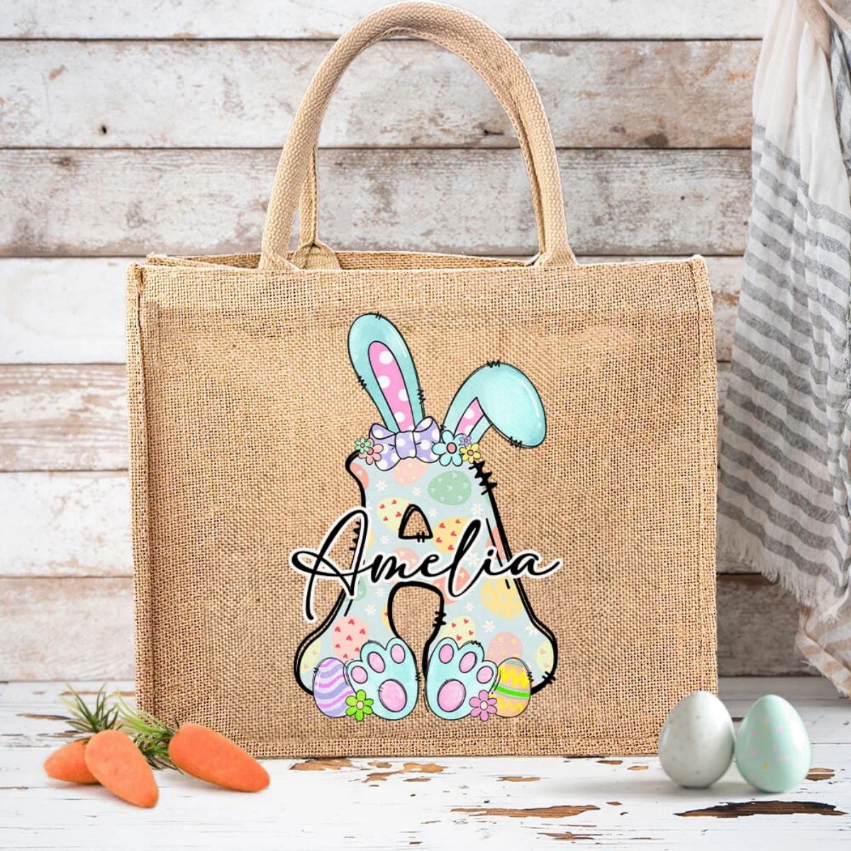 Personalized Cute Bow Easter Bunny Initial Jute Tote Bag, For Holding Easter Eggs Birthday Easter Party Gift for Kids