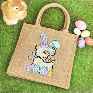 Personalized Cute Bow Easter Bunny Initial Jute Tote Bag, For Holding Easter Eggs Birthday Easter Party Gift for Kids