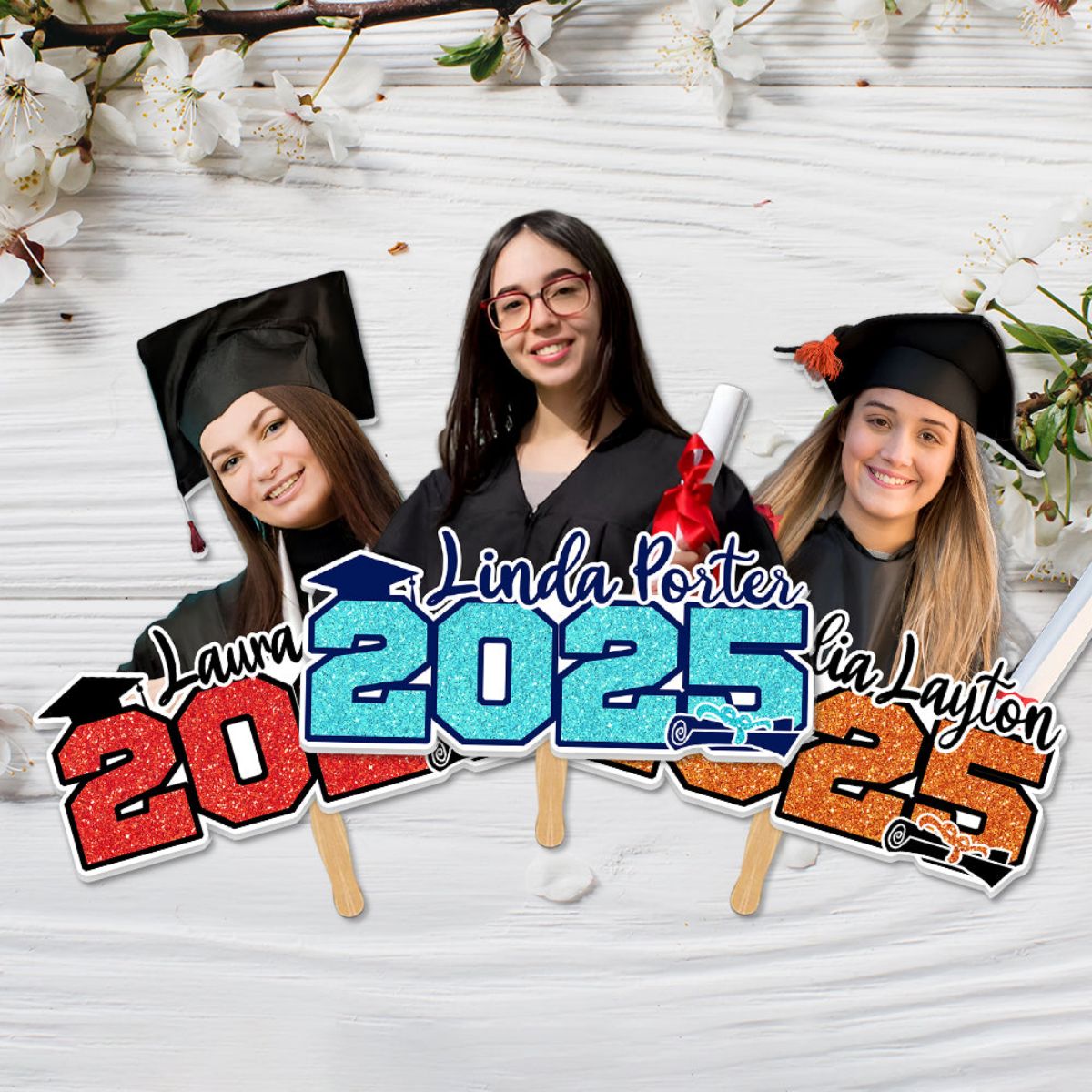 Glitter 2025 Photo Graduation Face Fans With Wooden Handle, Gift For Graduation Party