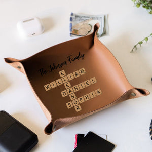 Personalized Family Crossword Puzzle Leather Valet Tray