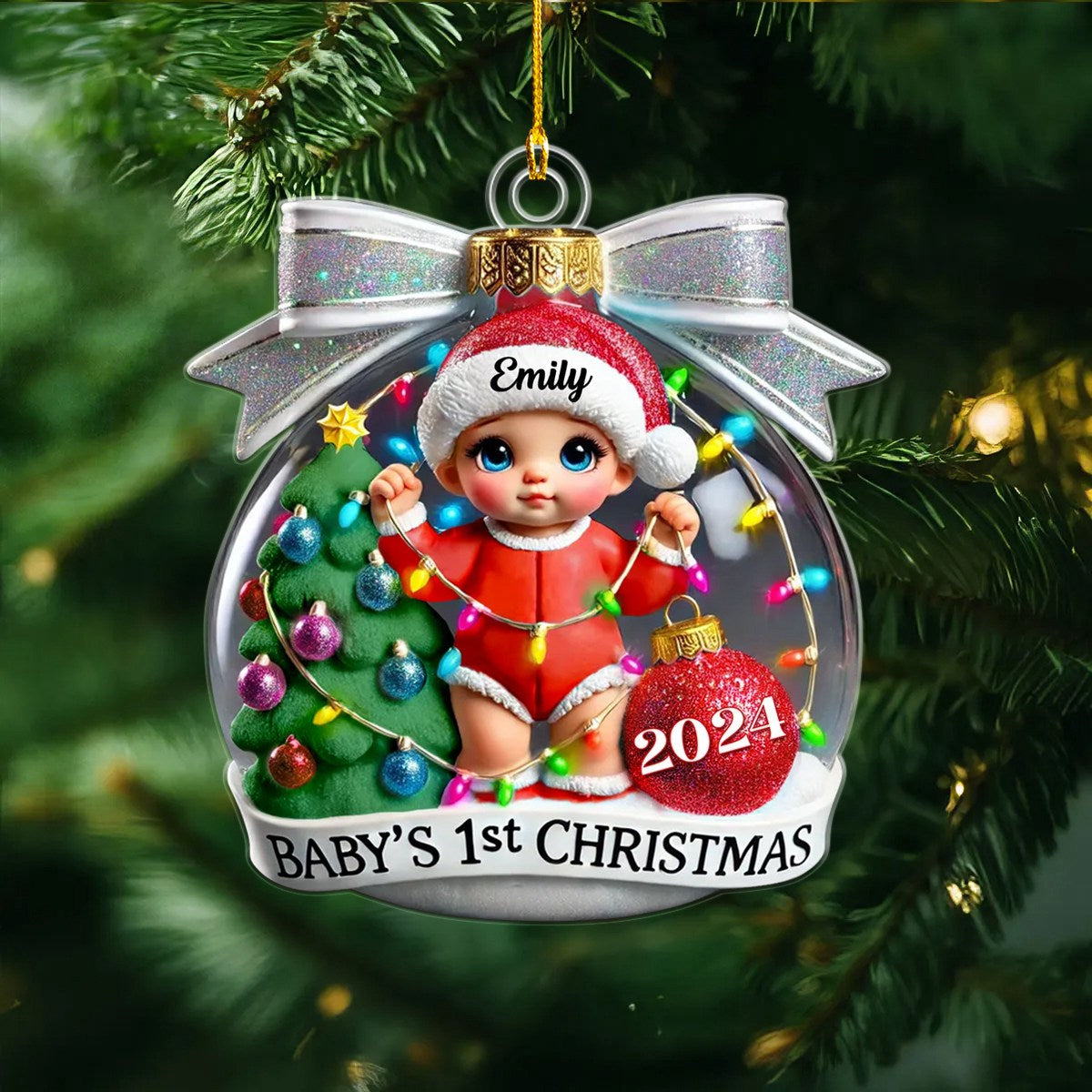 Baby First Christmas Personalized Acrylic Ornament, Christmas Tree Bow, New Parents Keepsake, Gift for Newborn