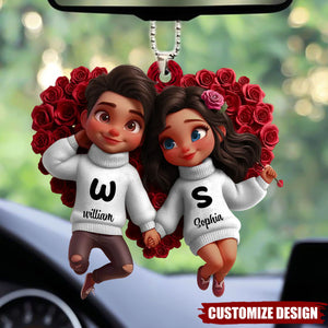 Cute Cartoon Couple Hand In Hand Personalized Car Ornament, Gift for him, her