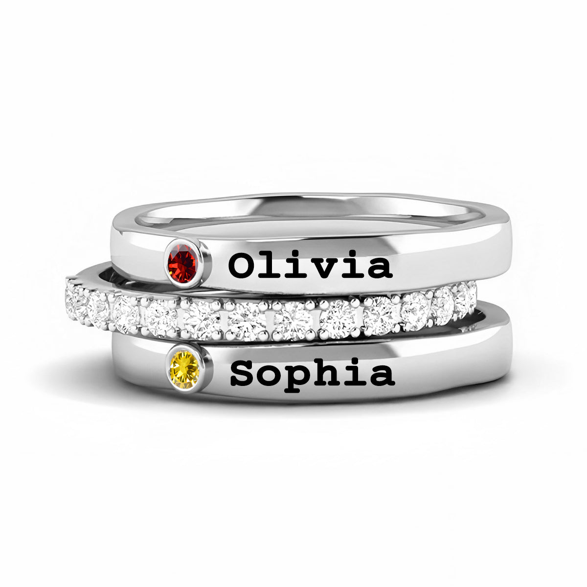 Personalized Born in Love Birthstone Name Ring Stack