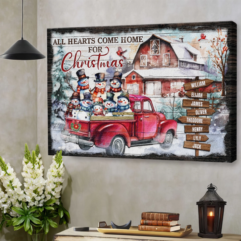 Personalized Canvas Prints - Christmas Barn With Snowmen, All Heart Come Home Dem Canvas