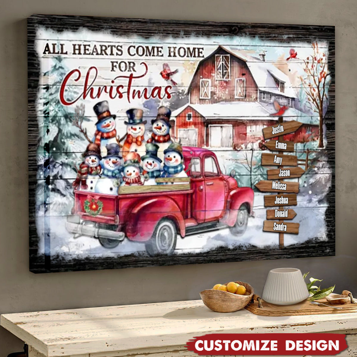 Personalized Canvas Prints - Christmas Barn With Snowmen, All Heart Come Home Dem Canvas