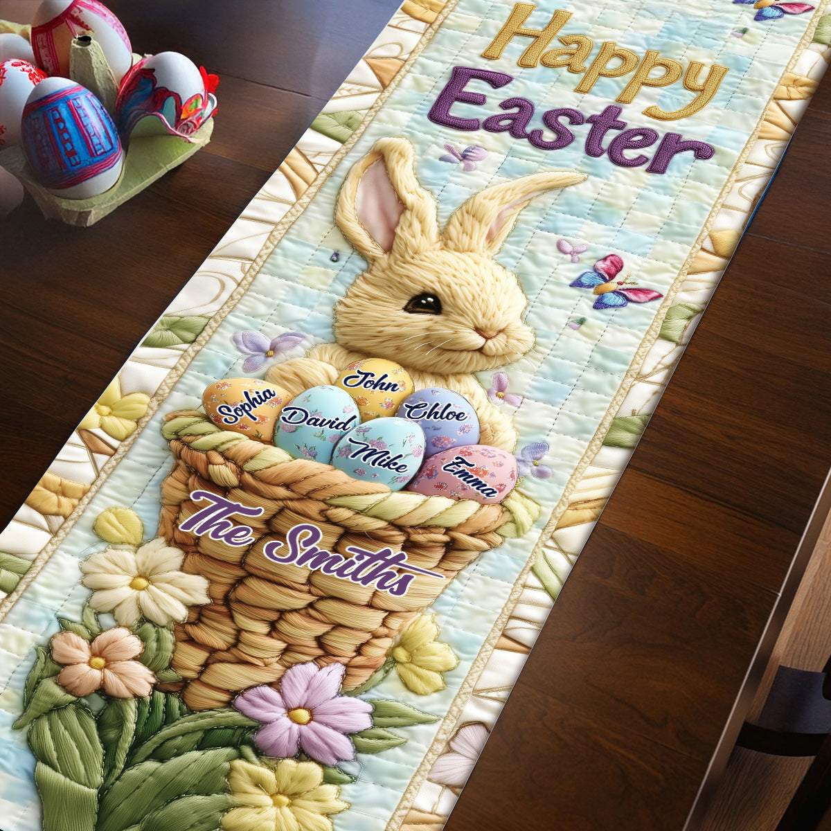 Happy Easter Flower Basket Bunny & Eggs - Personalized Table Runner