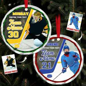 Custom Photo Gift For Ice Hockey Player Personalized Christmas Crystal Glass Ornament