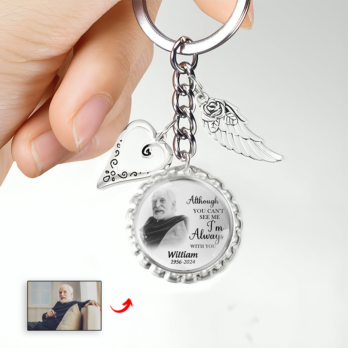 Personalized Memorial Photo Small Disc Keychain With Wings Heart Charm