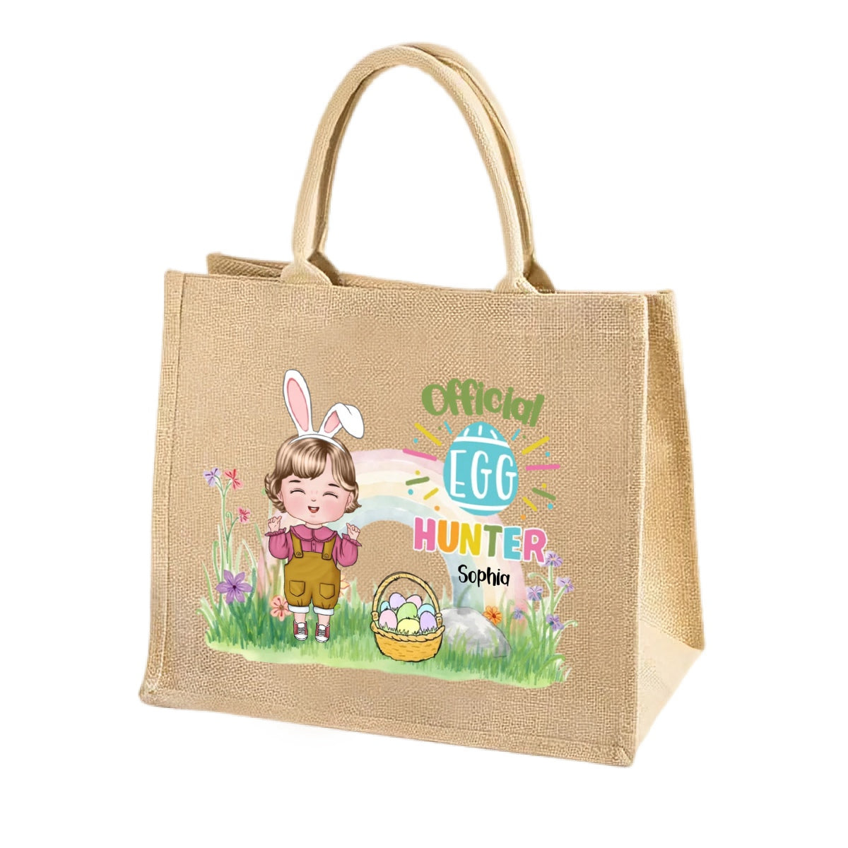 Personalized Rainbow Bunny Ear Cartoon Character Jute Tote Bag with Name Reusable Easter Party Gift for Kids