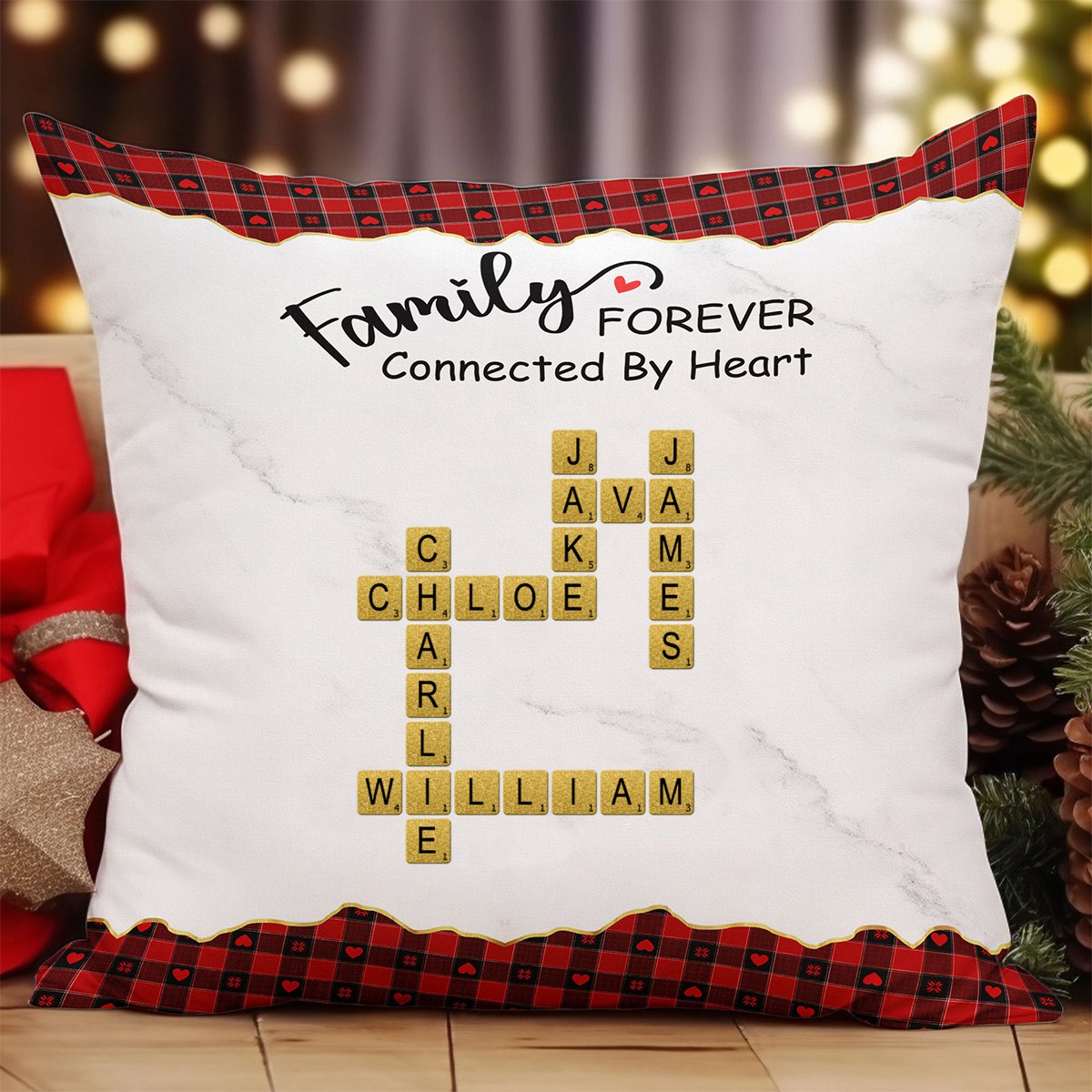 Family Connected By Heart Scrabble Name - Personalized Pillow