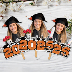 Glitter 2025 Photo Graduation Face Fans With Wooden Handle, Gift For Graduation Party