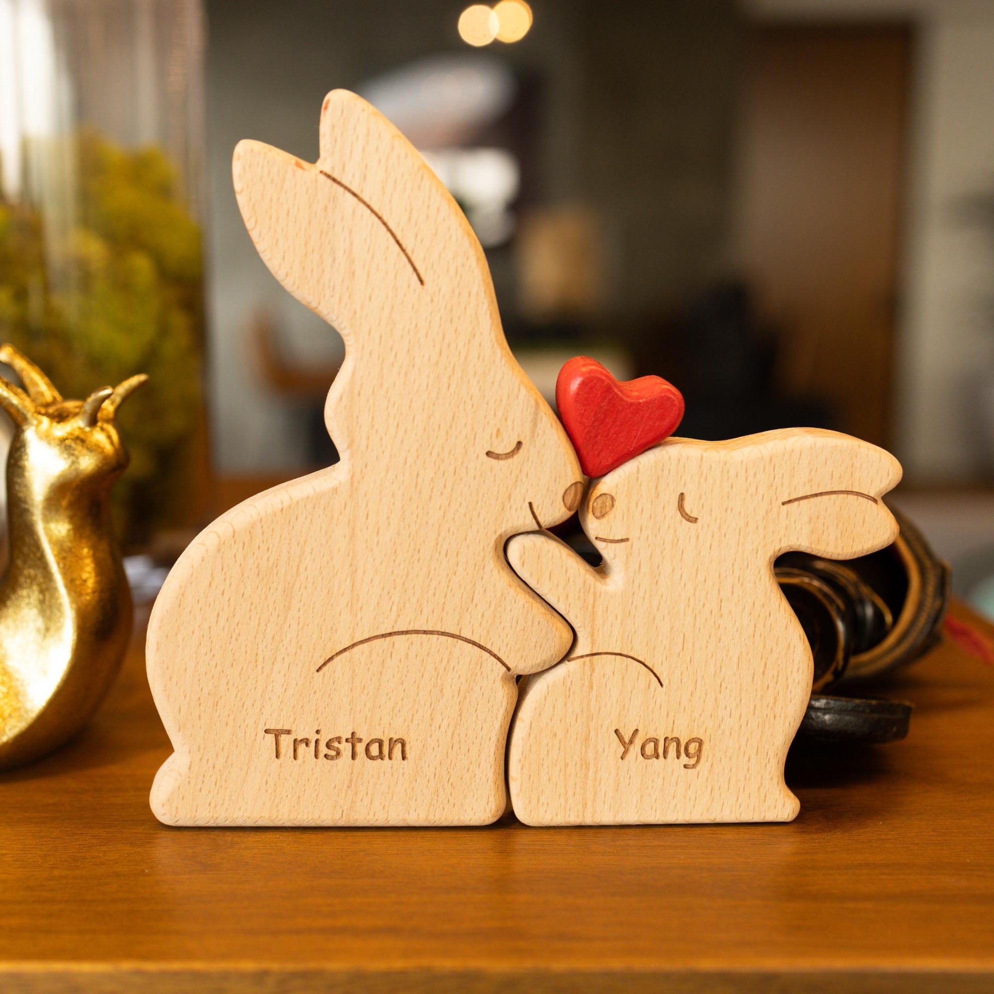 Personalized Wooden Bunny Family Puzzle, Art Carvings Gift For Family