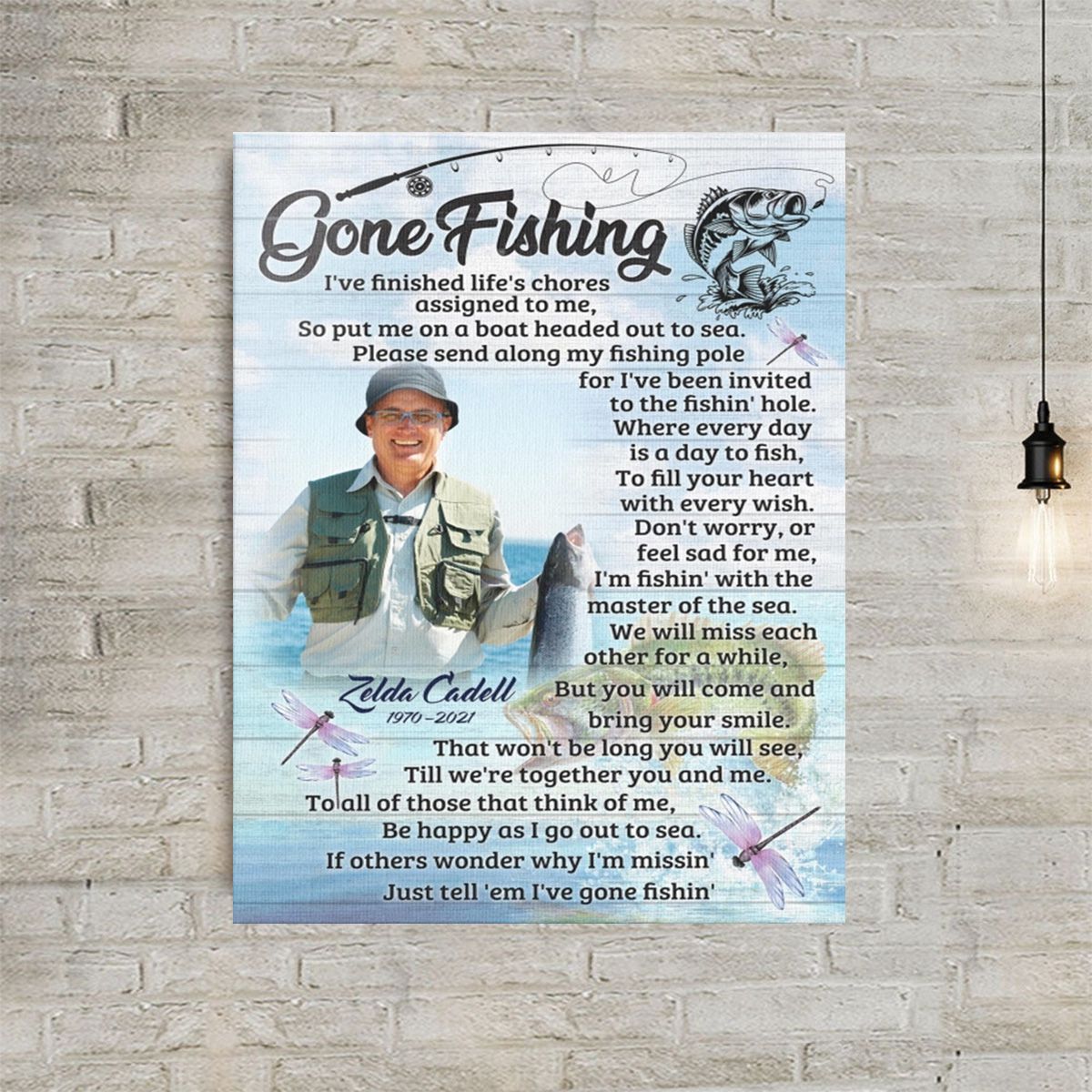 Personalized Memorial Fishing Canvas Poster, Gone Fishing Gift For Dad,Grandpa