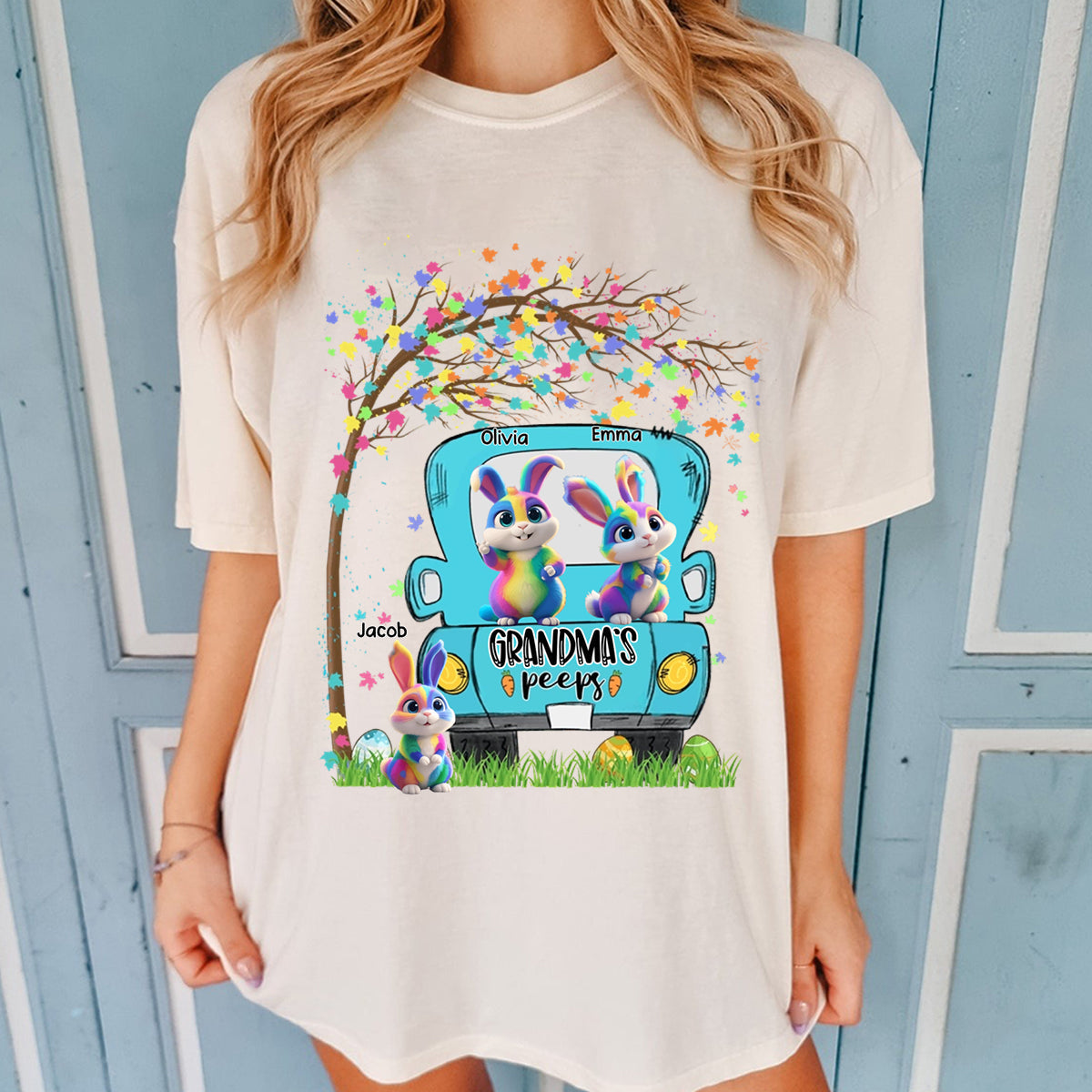 Personalized Grandma's Kids Bunny Tree Easter Day Pure Cotton T-Shirt