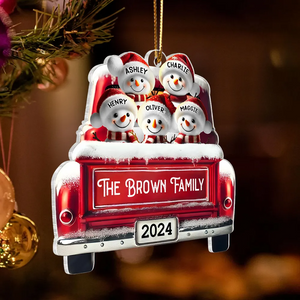 Personalized Snowman Family Acrylic Christmas Ornament, Red Truck Custom Name