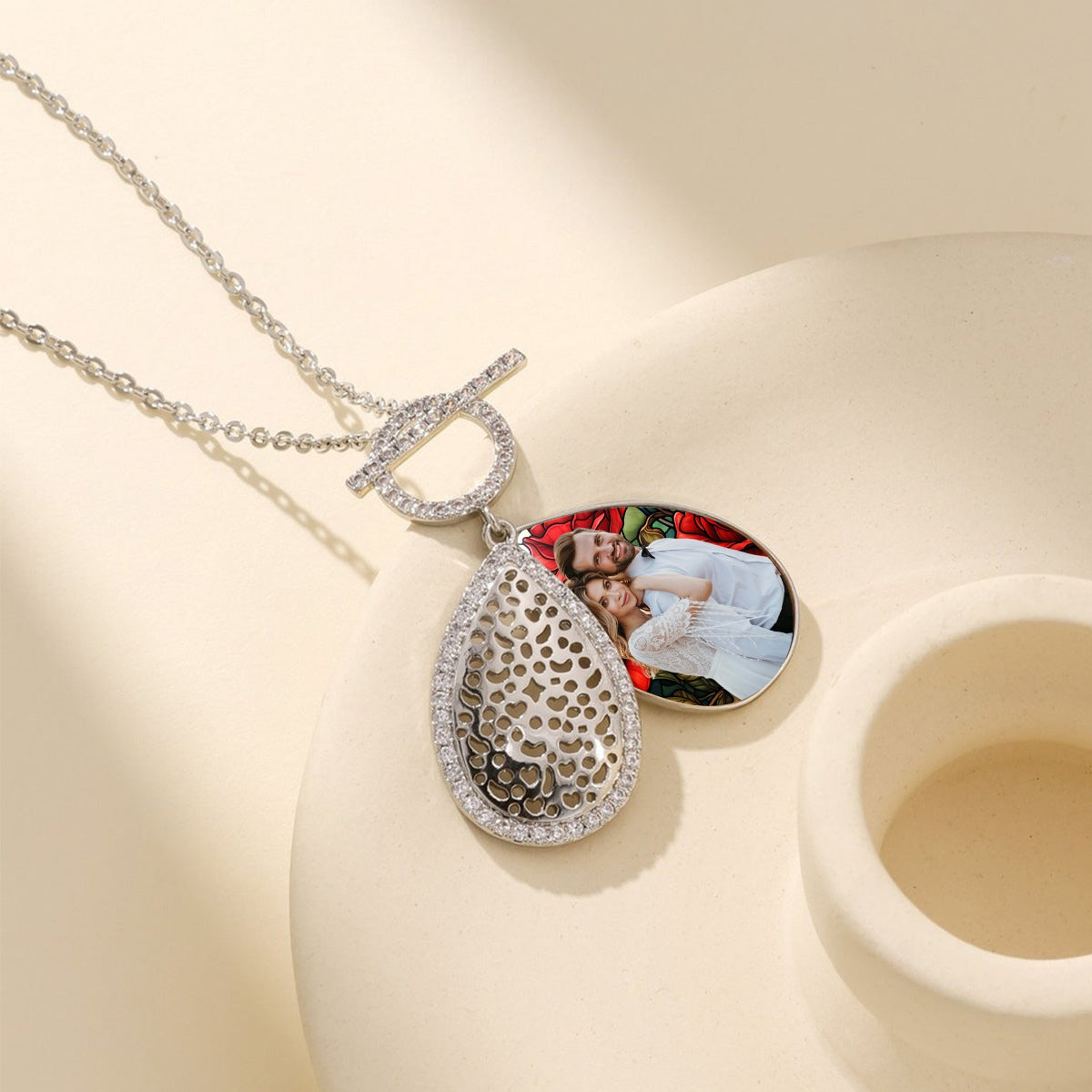 Personalized Water Drop Shape Stained Glass Background Photo Box Necklace