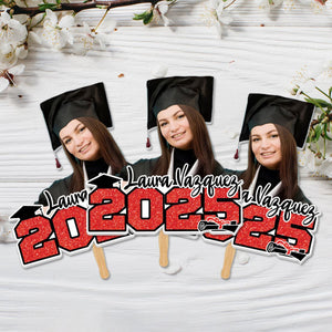 Glitter 2025 Photo Graduation Face Fans With Wooden Handle, Gift For Graduation Party