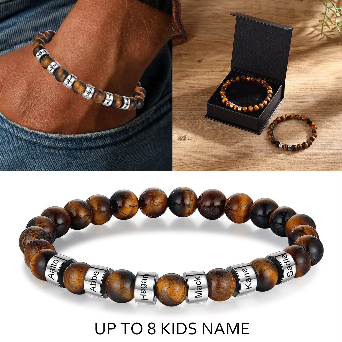 Personalized Tiger's Eye Stone Bead Bracelet for Family,Custom 1-8 Name