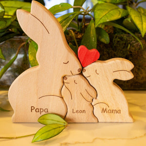 Personalized Wooden Bunny Family Puzzle, Art Carvings Gift For Family