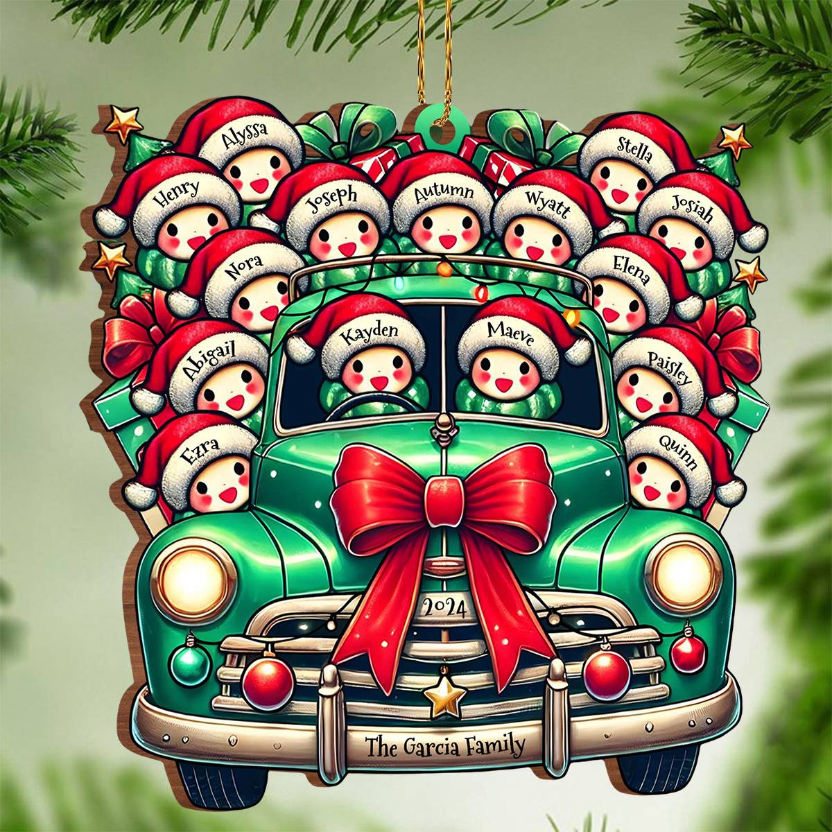 Personalized Custom Wood Ornament - Vintage Truck Full of Christmas Cheer and Santa Hats