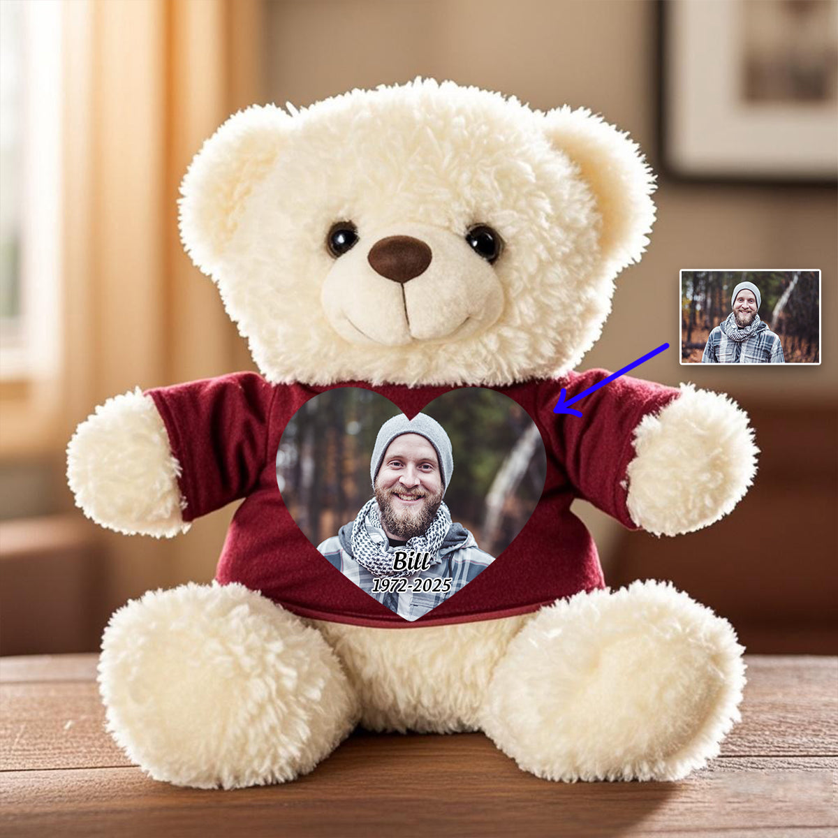 Personalized Cute Plush Stuffed Memory Bear with Heart Photo Shirt or Hoodie Memorial Gift