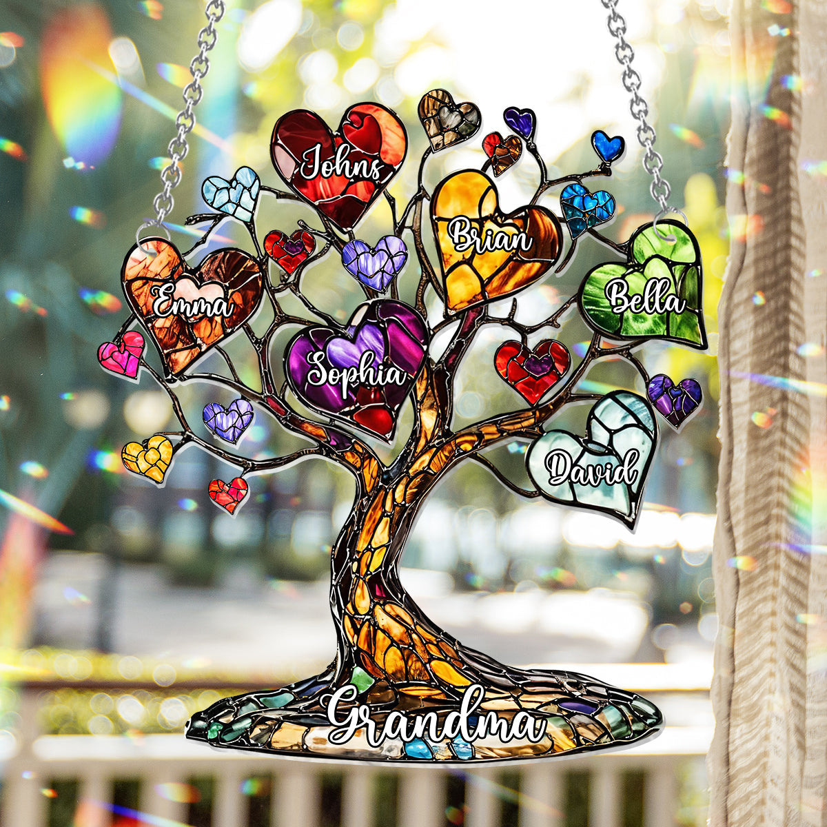 Personalized Mother Window Hanging Suncatcher Ornament - Mom Grandma Heart Tree