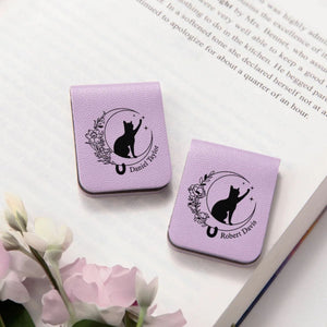 Personalized Cat Moon Birth Flower Magnetic Leather Bookmark Clip With Name