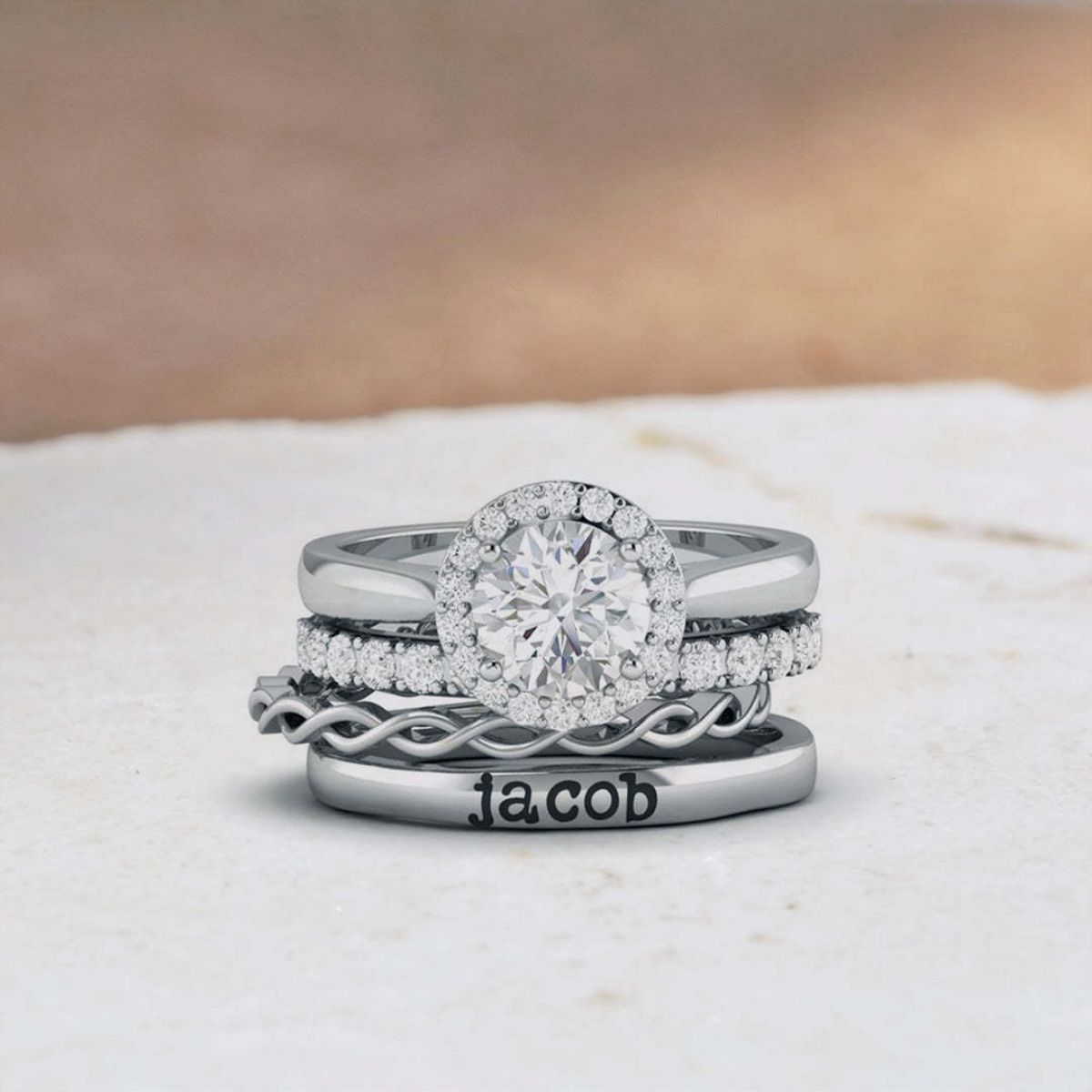 Personalized Couple Halo Engagement Ring Stack