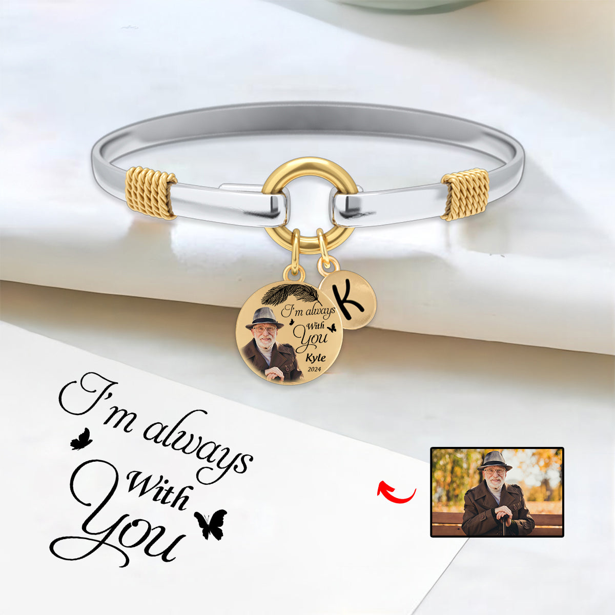 Personalized I am Always with You Memorial Wings Two-Tone Bracelet