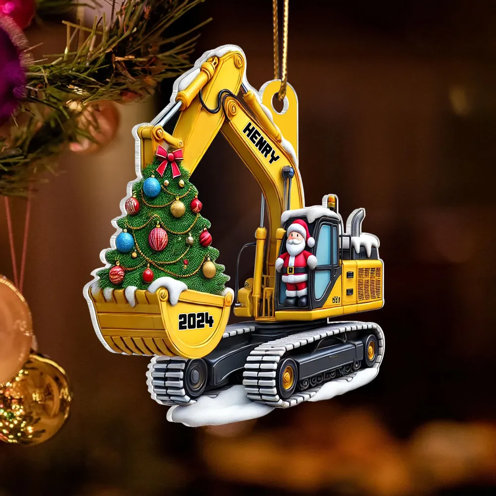 Personalized Xmas Excavator Construction Acrylic Ornament For Kids, Ornament Backhoe