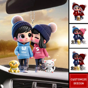 Cute Cartoon Couple You Me And The Dog Cat Personalized Car Ornament, Gift For Him, Her