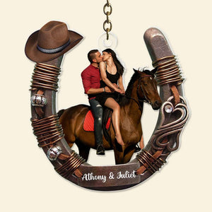 Custom Photo For Couple Love Horse Riding Personalized Horseshoe shape Acrylic Keychain